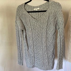Gray and white cable knit sweater